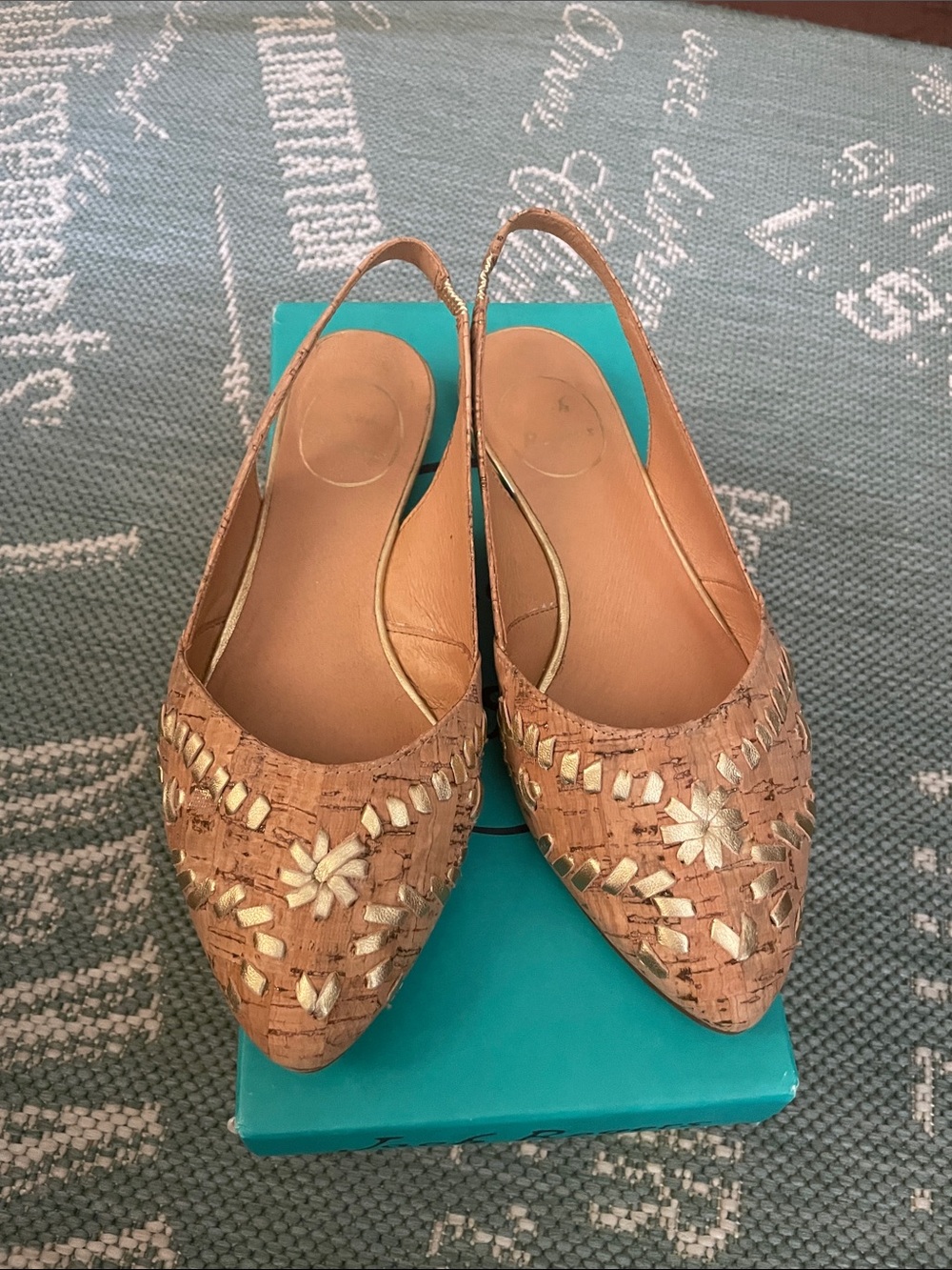 Jack Rogers Light Tan Cork Woven Pointed Slingback Flats with Gold Accents